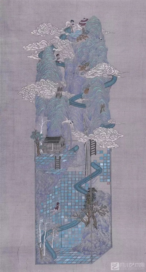 由唐果老师指导，陈鸿宇同学作品《往之于幻》， 纸本设色   90x160cm